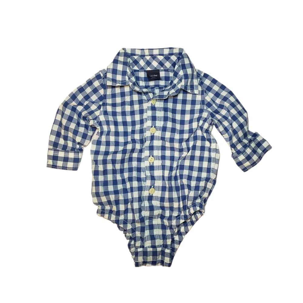 Baby Gap 3-6m Blue Gingham Checked Button Down Shirt Bodysuit